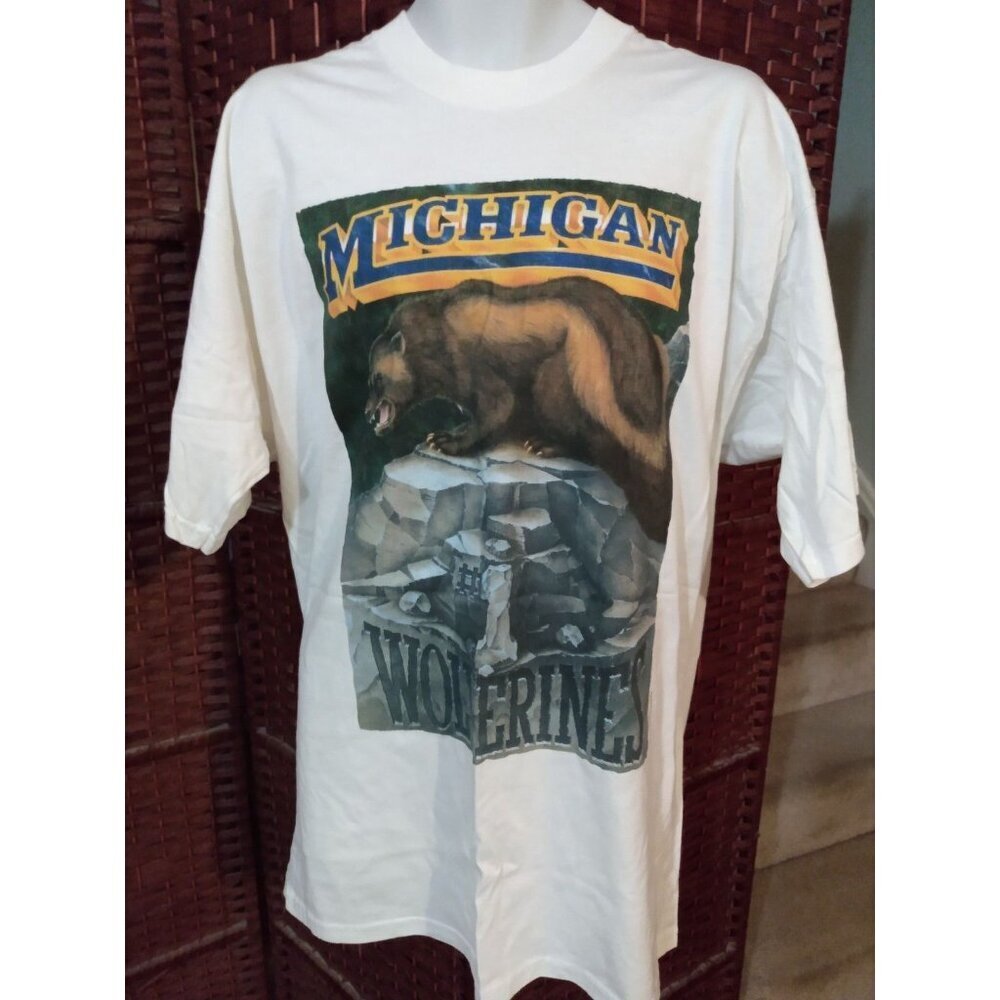 Vintage 90s Michigan Wolverines T Shirt Big Print White Adult XL - Picture 1 of 4